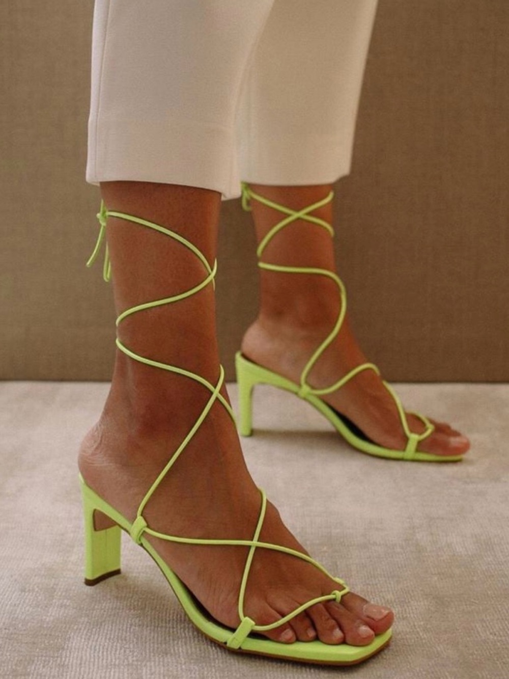 Alohas Neon Lace-Up Square Toe Heeled Sandals - Lime